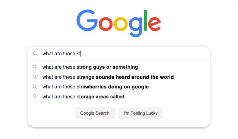 Search bar suggests phrases like "strong guys" and "strange sounds" when typing "what are these st," set on Google search page.