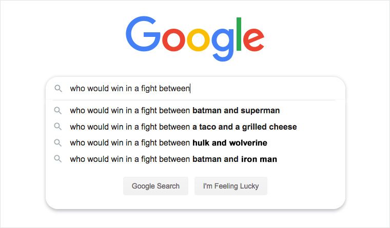 Search bar suggests queries comparing hypothetical fight outcomes, including fictional characters and food, on a simple Google interface.