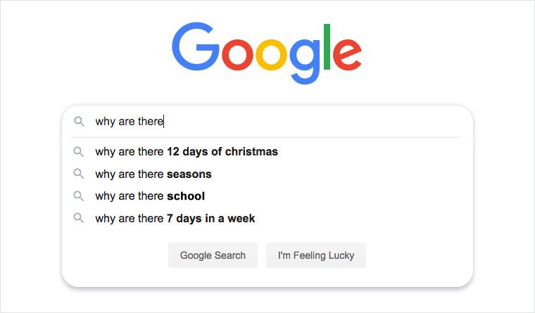 Google search bar suggests questions beginning with "why are there," showing curiosity-driven queries like "12 days of Christmas" and "7 days in a week."