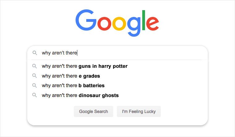 Google search bar suggests humorous queries as a user types "why aren't there," with two search buttons below.