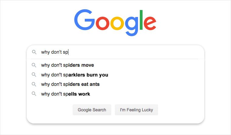 Google search suggests queries like "why don't spiders move" and "why don't sparklers burn you" in a search bar context.