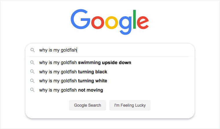 Search bar displays goldfish-related autocomplete queries on Google, including swimming upside down and turning black, set against Google's interface.