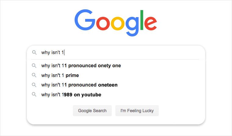 Google search bar suggests humorous queries about pronouncing numbers and a year on YouTube, under the phrase "why isn't 1."