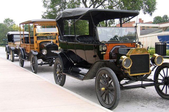 DEARBORN, MICHIGAN-FEBRUARY 3, 2018: Model T Ford automobiles lined up on a street. The cars are in near new condition.