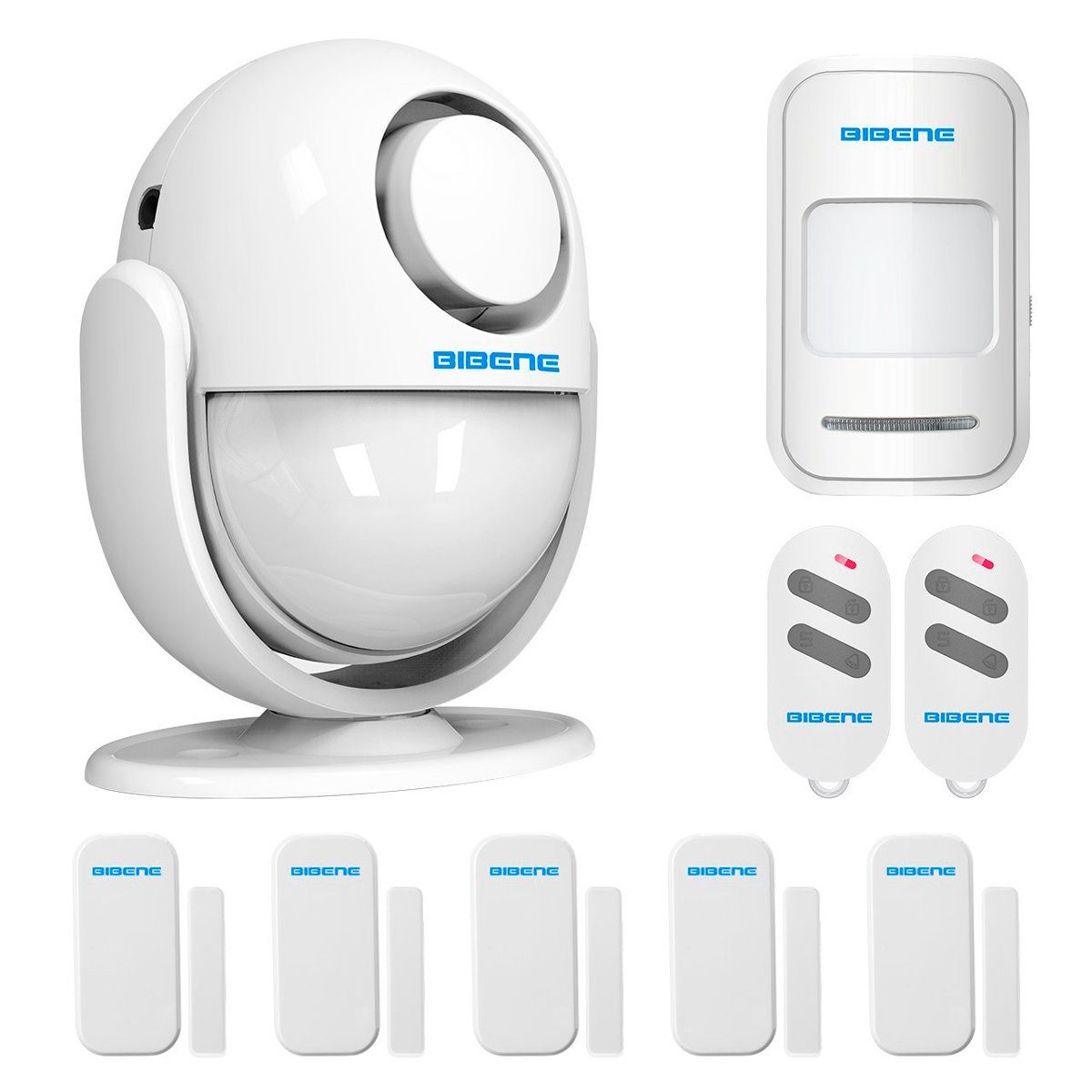 Security system components lying on a white background, including motion sensors, wall-mounted unit, remote controls, and door/window sensors, all labeled "BIBENE."