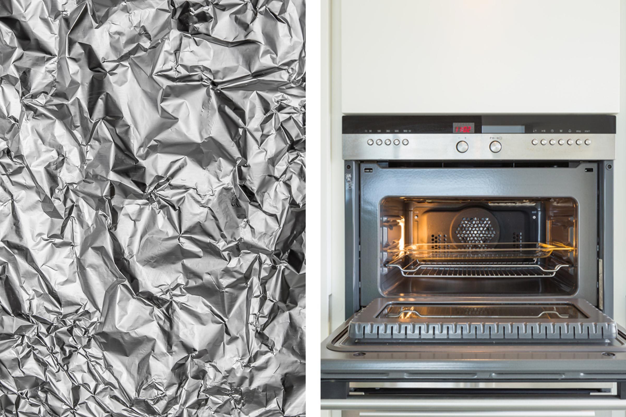 Aluminum foil texture next to open convection oven