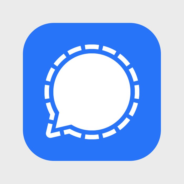 White speech bubble outlined with dashed lines, centered on a blue square background.