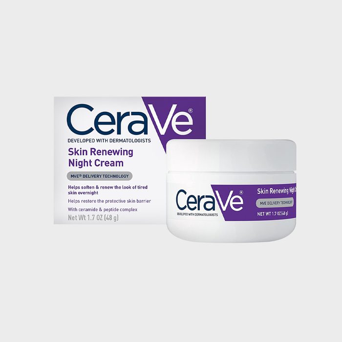 A jar of CeraVe Skin Renewing Night Cream sits beside its box, highlighting dermatological development and MVE delivery technology for skin rejuvenation.