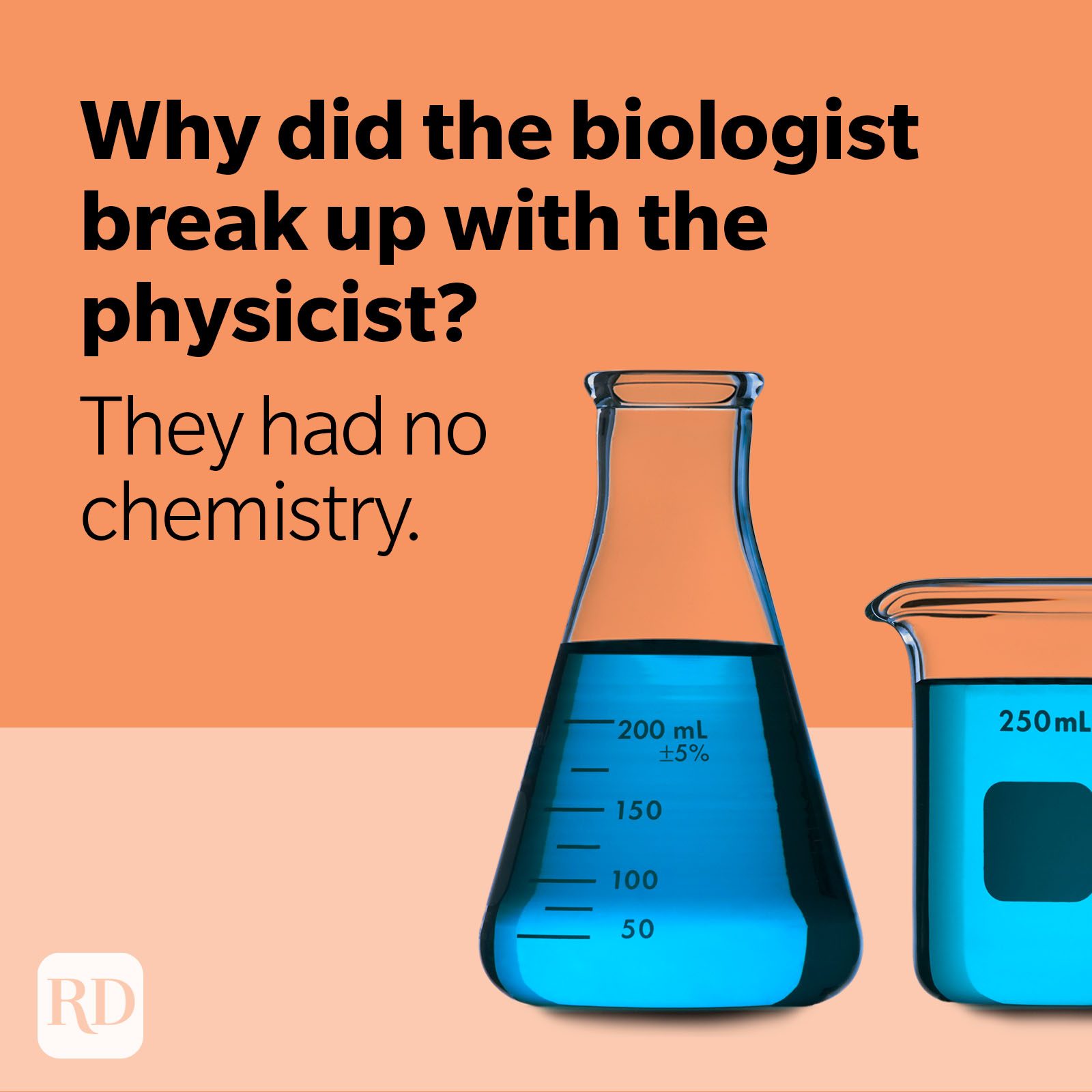 Beakers hold blue liquid against an orange background, accompanied by text: "Why did the biologist break up with the physicist? They had no chemistry."