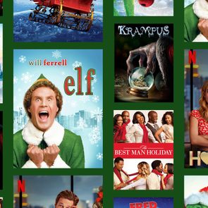Movie posters in a grid display festive themes. Prominent titles: 