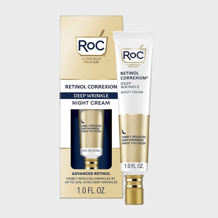 A tube of RoC retinol night cream stands beside its box; both promising to visibly reduce deep wrinkles during sleep.