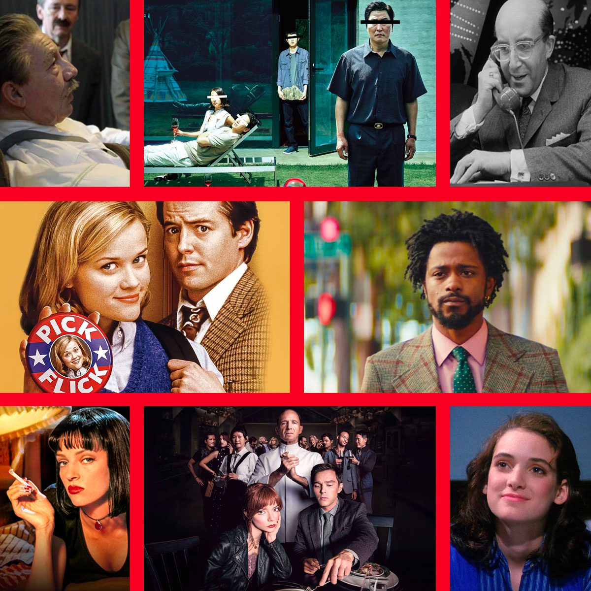 Collage features diverse people in various settings; one holds a "Pick Flick" button. Backgrounds include outdoor, indoor, and artistic contexts with vibrant and muted colors.
