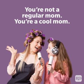 Mother and daughter pretend to sing into lint rollers; mother wears hair rollers, daughter headphones, against a purple background. Text reads, 