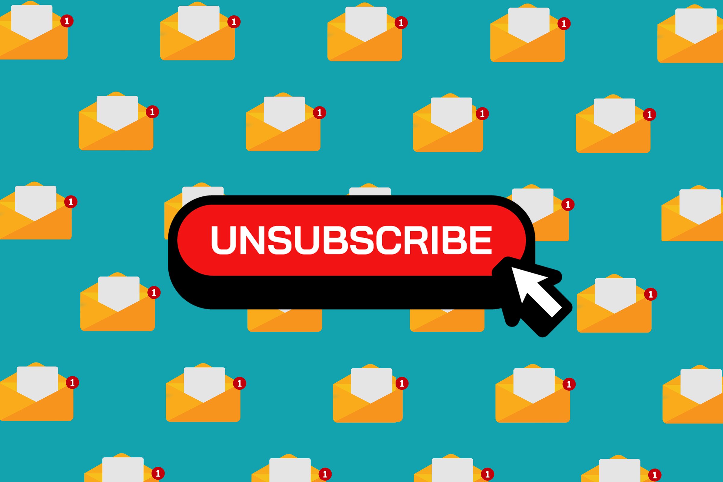 Unsubscribe button is clicked amidst envelopes with notification alerts on a teal background.