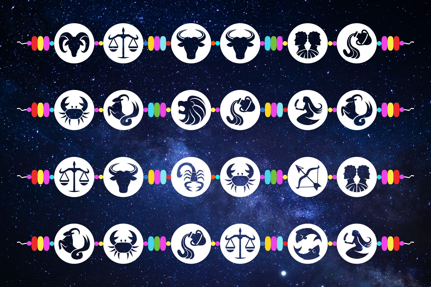 Zodiac signs are arranged in circles with colorful connectors, set against a starry night sky.