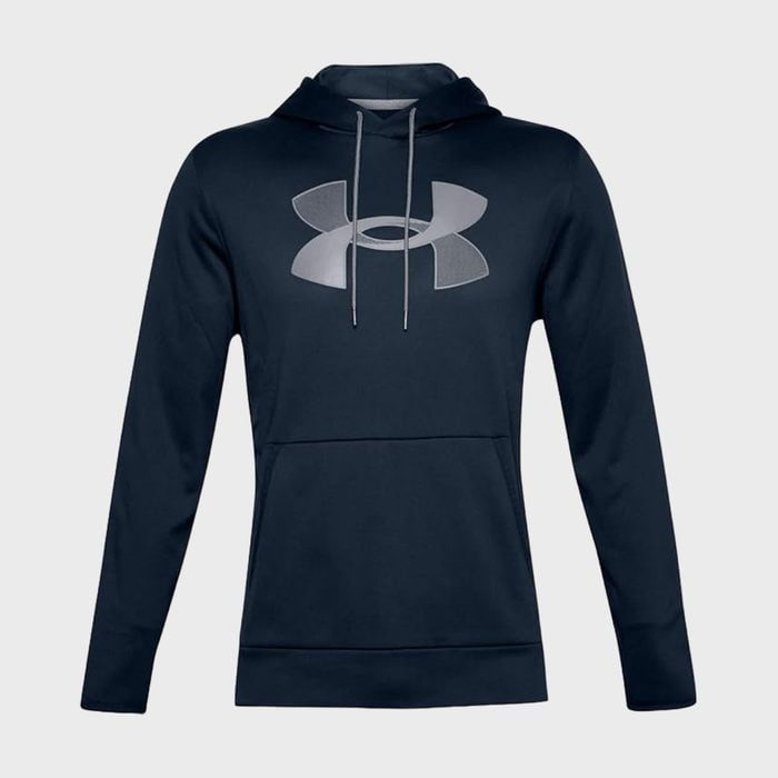 A navy hoodie with a large silver logo on the chest, strings dangle, displayed against a plain background.