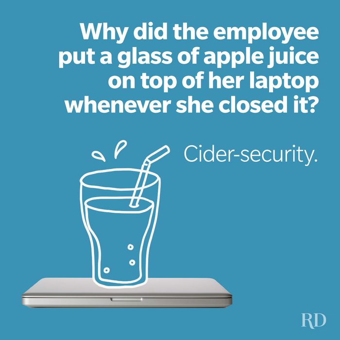 A work joke featuring a closed laptop and doodled apple juice on a blue background.