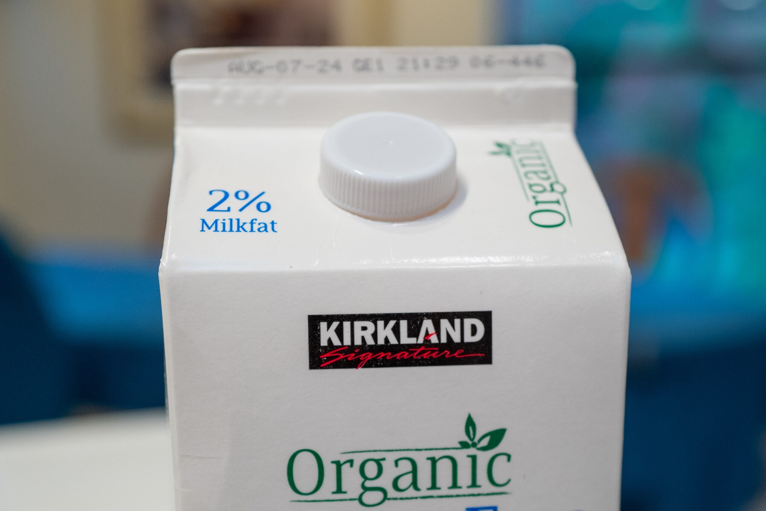 Close-up of Costco Kirkland Signature brand organic milk