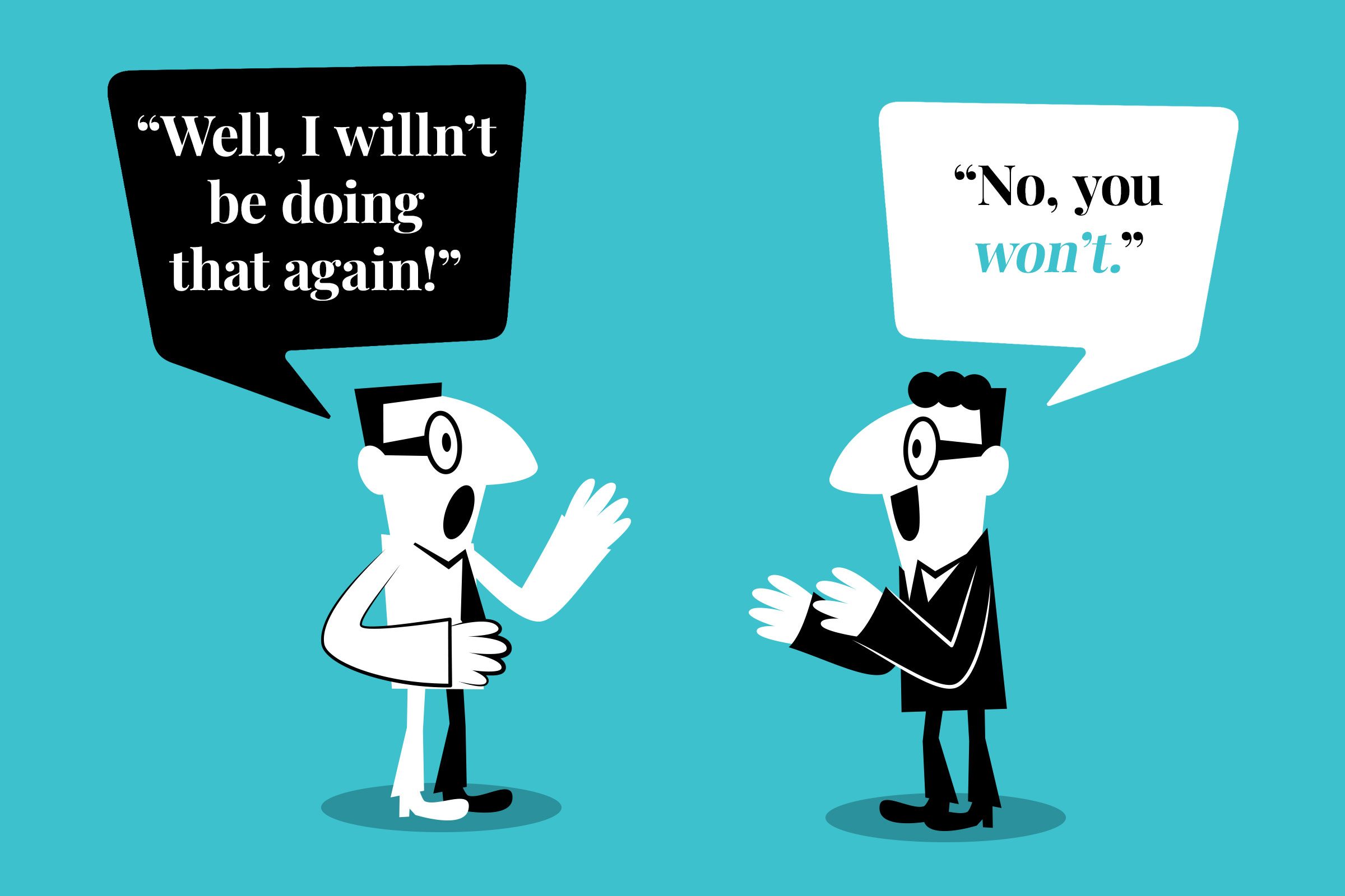 An illustration showing. a conversation between two people using right and wrong forms of english grammar.