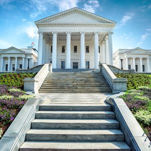 Sunny spring day in the capital city of Richmond Virginia - Looking up the hill at the State Capitol building of Virginia.