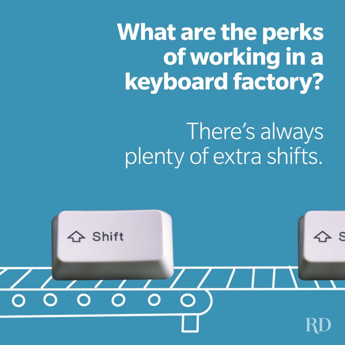 A work joke featuring shift keys with doodled conveyor belt on a blue backgrouond.