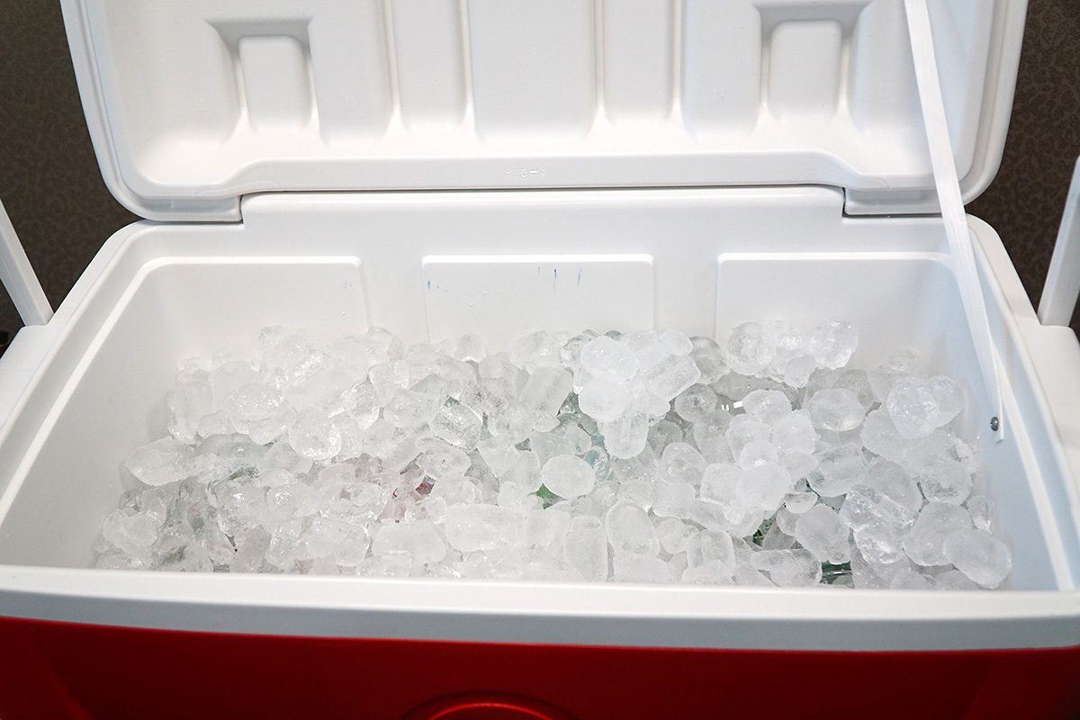 close up on ice inside cooler