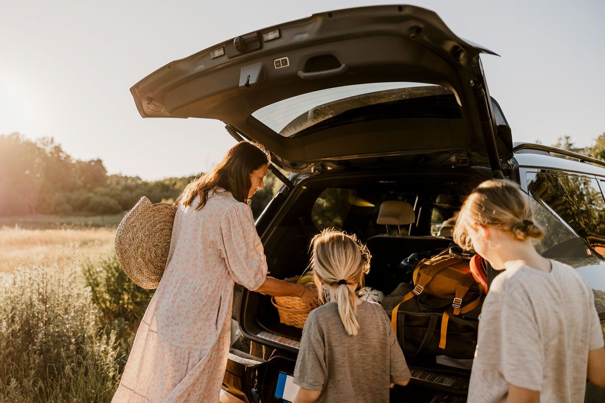 Mother Unloading Basket From Car Trunk With Boys By Meadow At Sunny Day